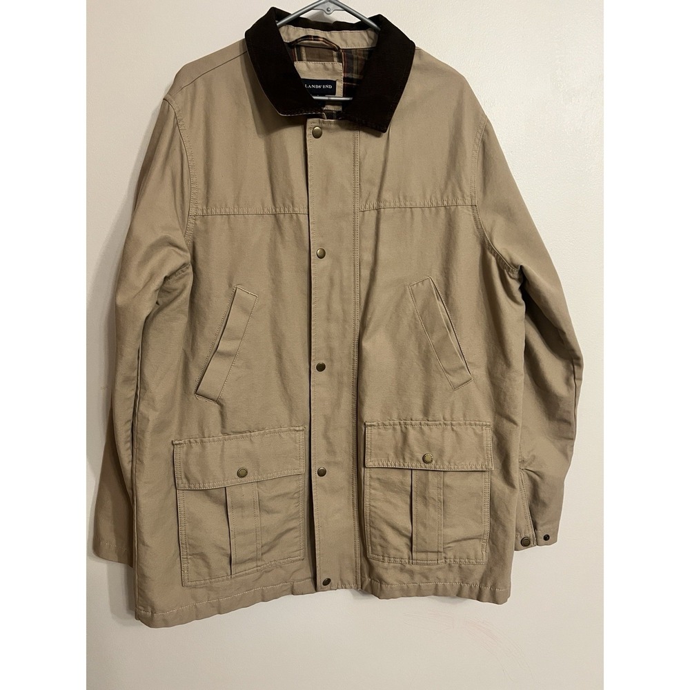 Vtg Lands End Khaki Canvas Chore Barn Coat Jacket Plaid Flannel Lined L 42-44